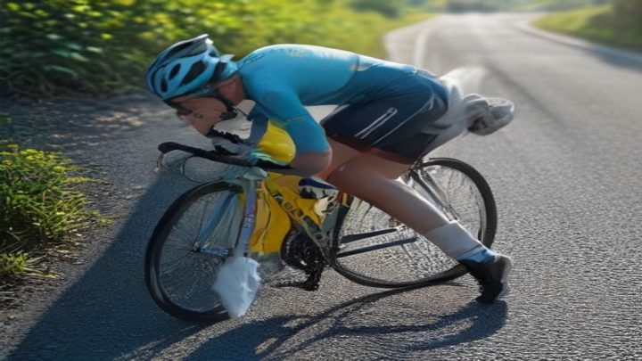 Ciclista cogiendo un bidón del cuadro de la bicicleta en pleno calor de verano