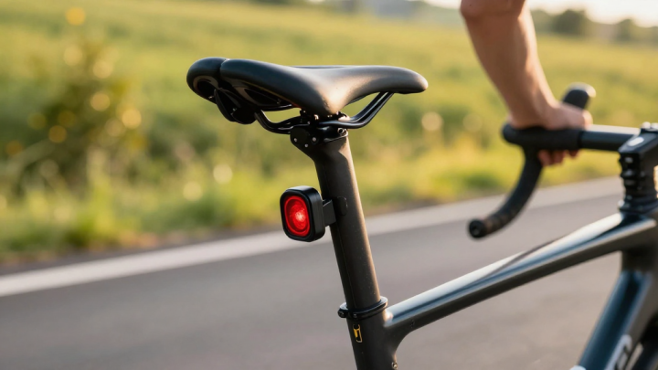 Detalle de un radar trasero para bicicleta montado en la tija del sillín, con luz de aviso encendida en una carretera al atardecer