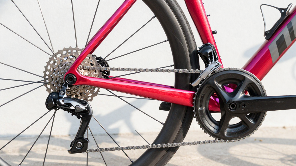 Primer plano de la transmisión de una bicicleta de carretera, cassette y cadena