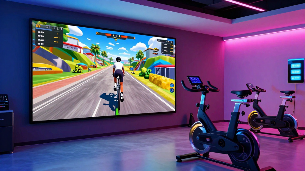 Rodillo inteligente con bicicleta y pantalla de entrenamiento virtual, ambiente luminoso y colorido