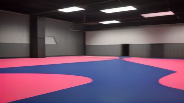 Banda de frecuencia cardiaca sobre suelo de gimnasio colorido